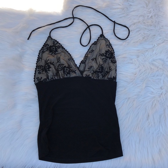 Fashion Magazine Tops - Black/beige neck tie top